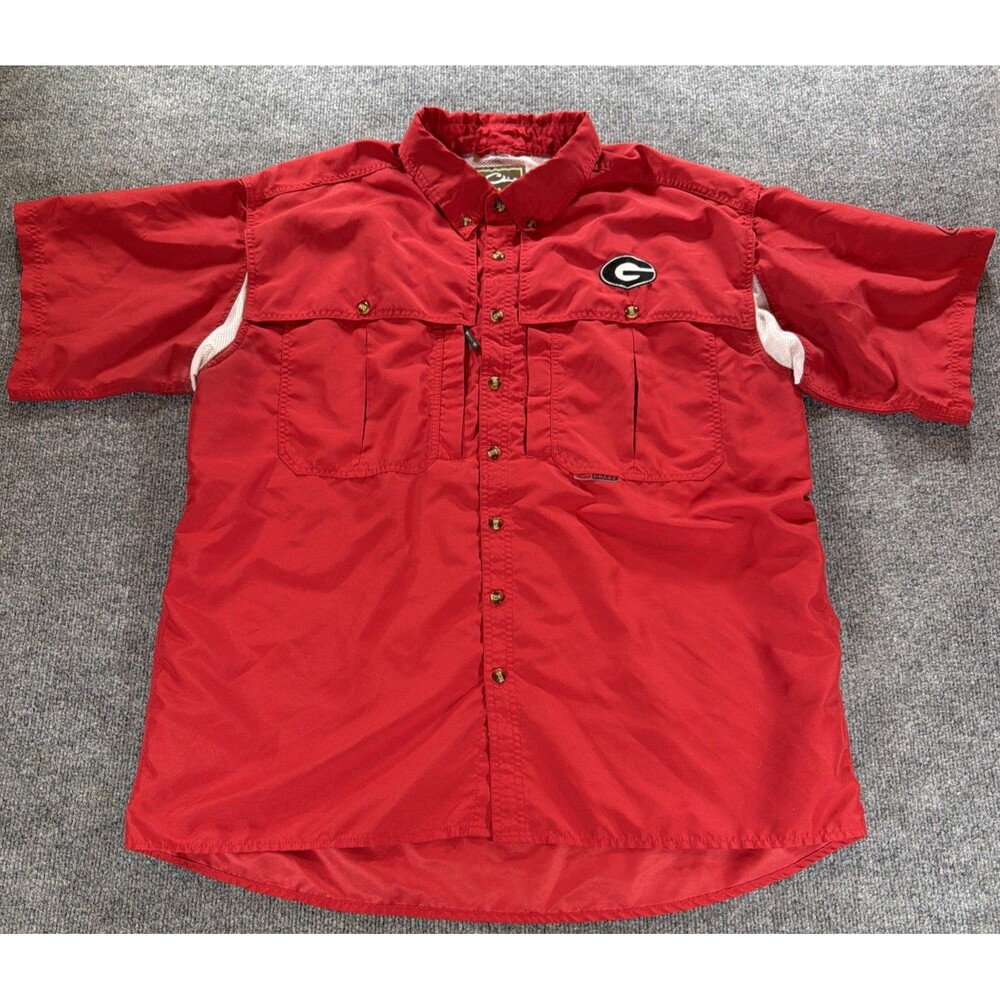 UGA Georgia Bulldogs Drake Red Short Sleeve Button Vented Fishing Shirt Mens XL